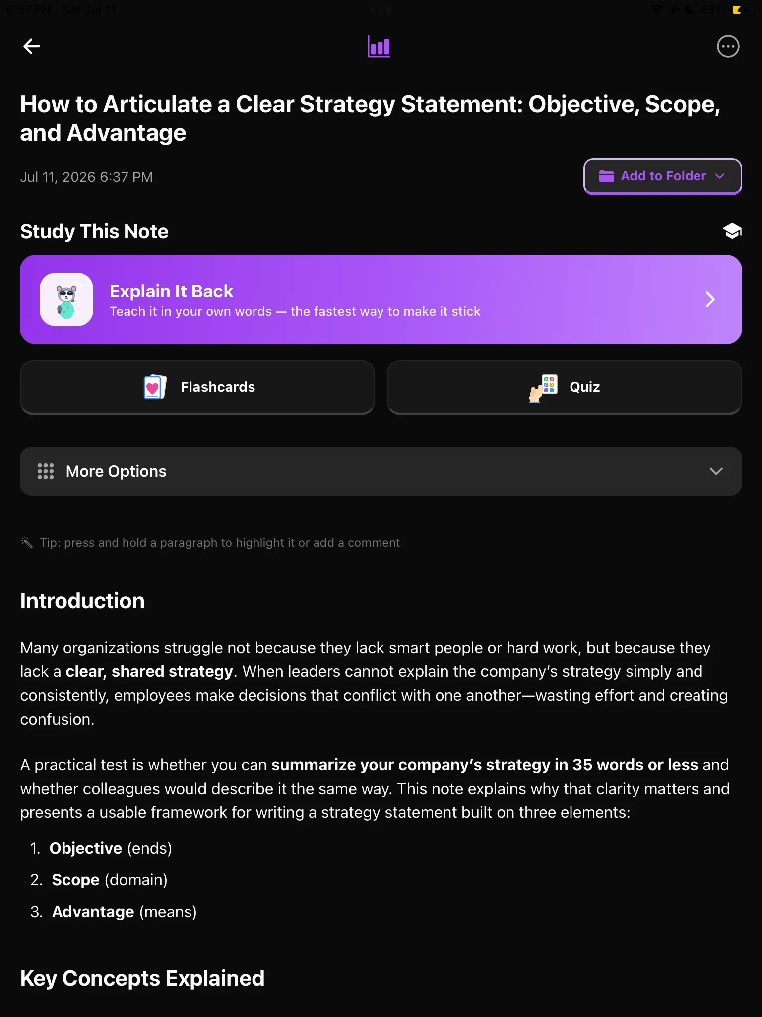 BrainDen note on iPad with source material and study options