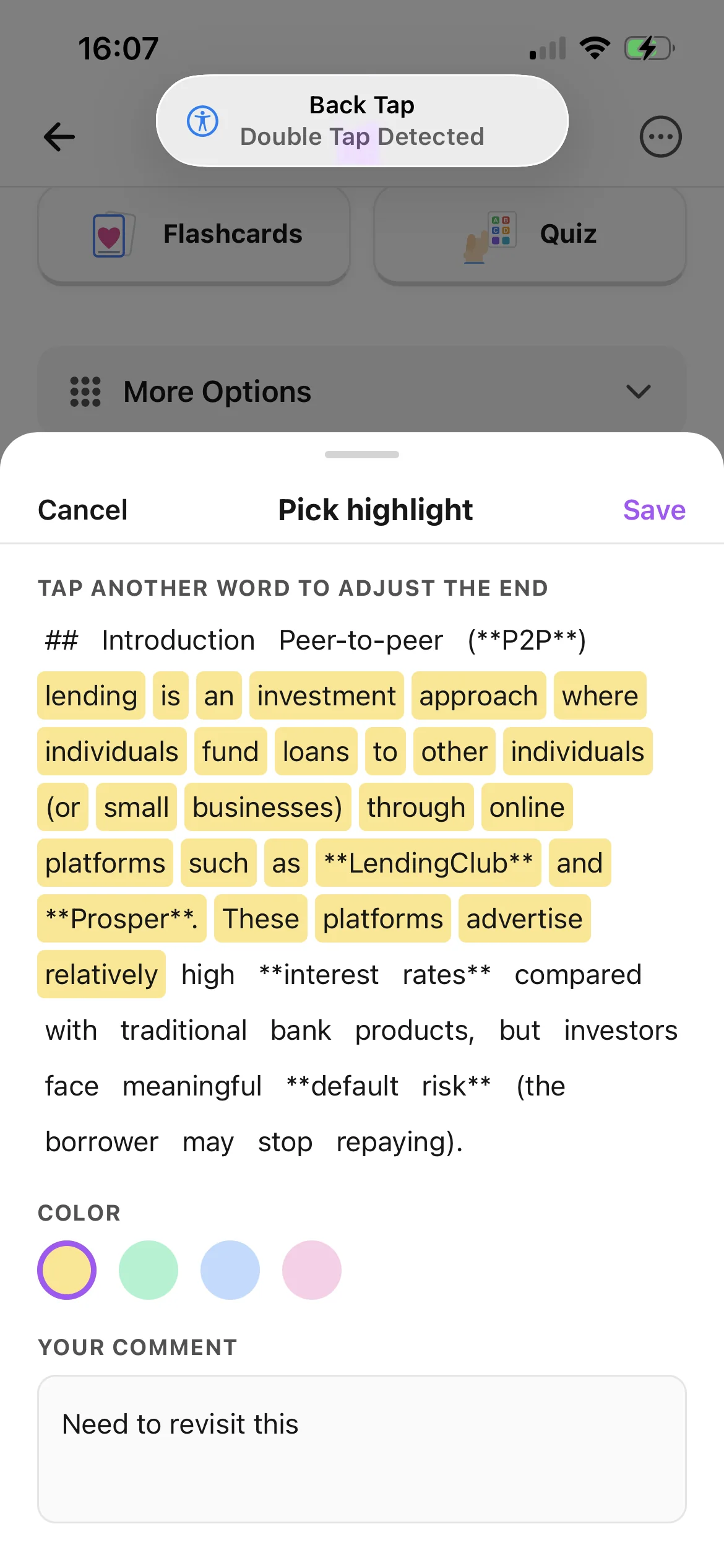 Selecting a PDF passage, highlight color, and comment in BrainDen